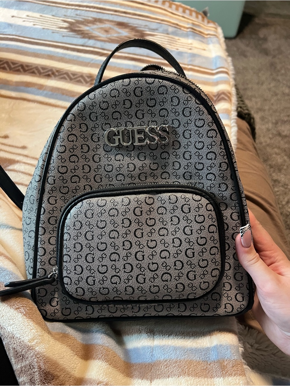 GUESS Gray Monogram Mini Backpack with Front Zip Pocket